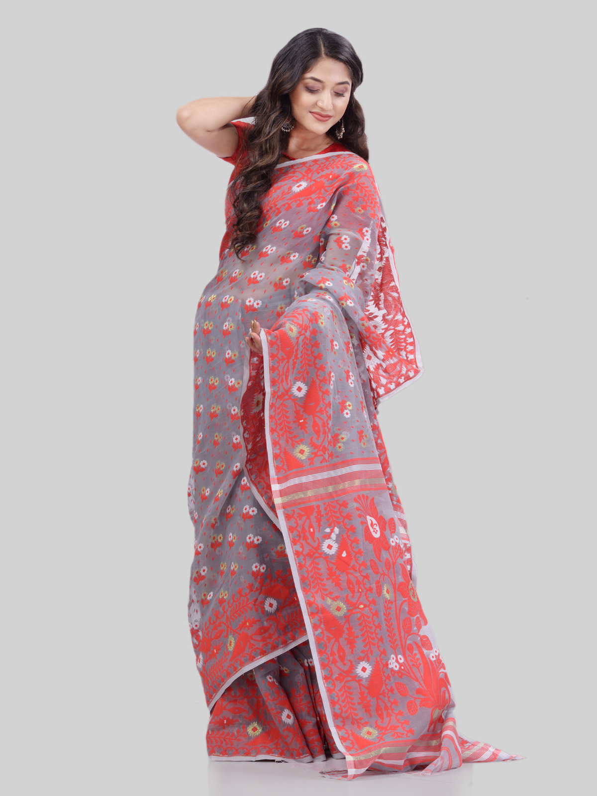 Dhakai Jamdani Cotton Handloom Grey Red Saree